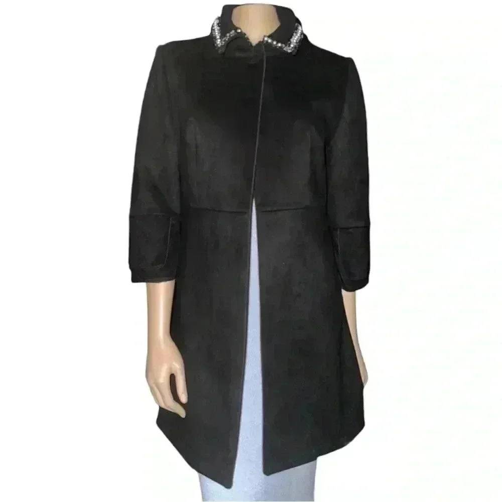 JAYLEY women’s Black Faux Suede Jacket with pearl embellishment size 12